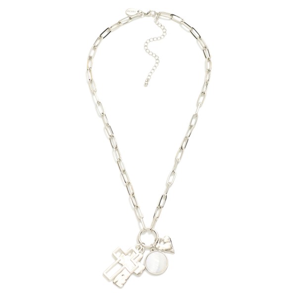 Metal Paperclip Chain Link Necklace Featuring Cross, Heart and Pearlescent Circle Pendants
- Approximately 18" L
- Extender 3" L