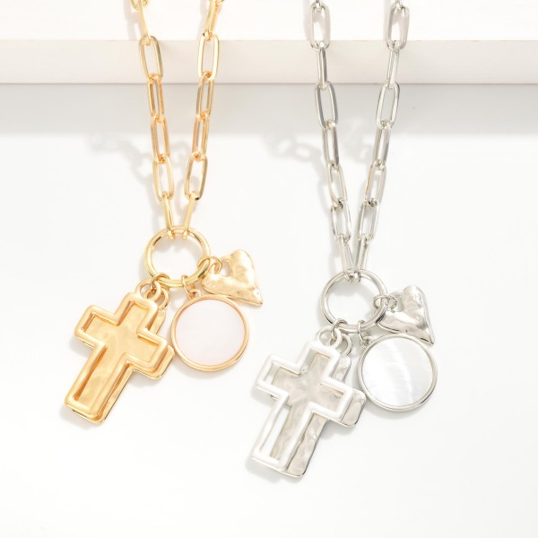 Metal Paperclip Chain Link Necklace Featuring Cross, Heart and Pearlescent Circle Pendants
- Approximately 18" L
- Extender 3" L