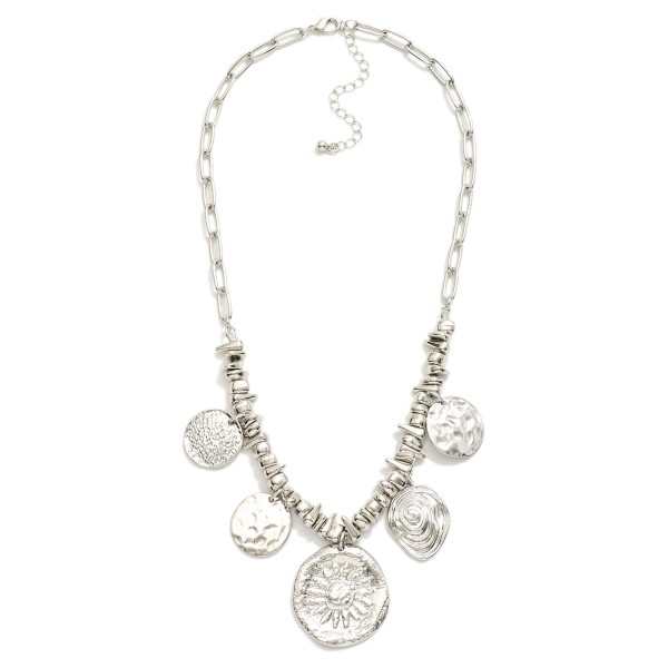 Paperclip Chain Link Pendent Necklace Featuring Metal Tone Beads And Metal Tone Coins 

- Approximately 18" L
- Extender 3" L