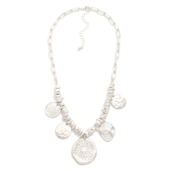 Paperclip Chain Link Pendent Necklace Featuring Metal Tone Beads And Metal Tone Coins 

- Approximately 18" L
- Extender 3" L