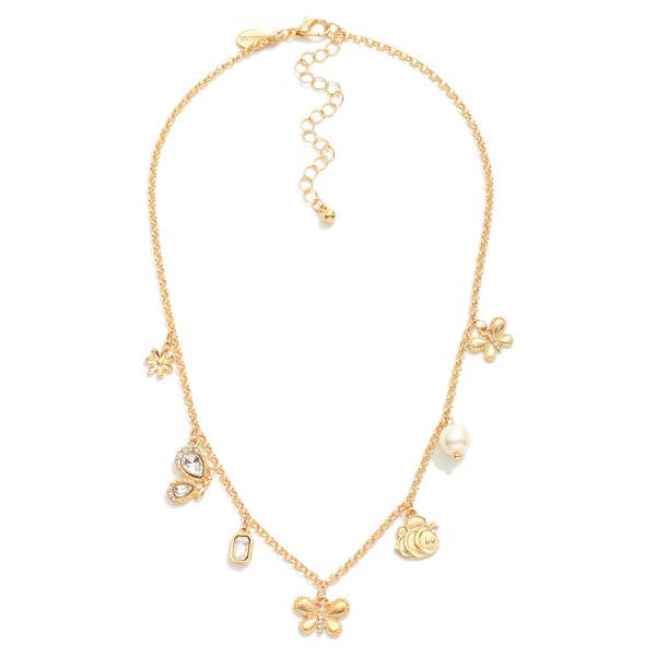 Wholesale chain Link Charm Necklace Metal Charms Rhinestones Pearl L Extender L