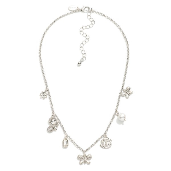 Chain Link Charm Necklace Featuring Metal Tone Charms, Rhinestones & Pearl

- Approximately 14" L
- Extender 3" L