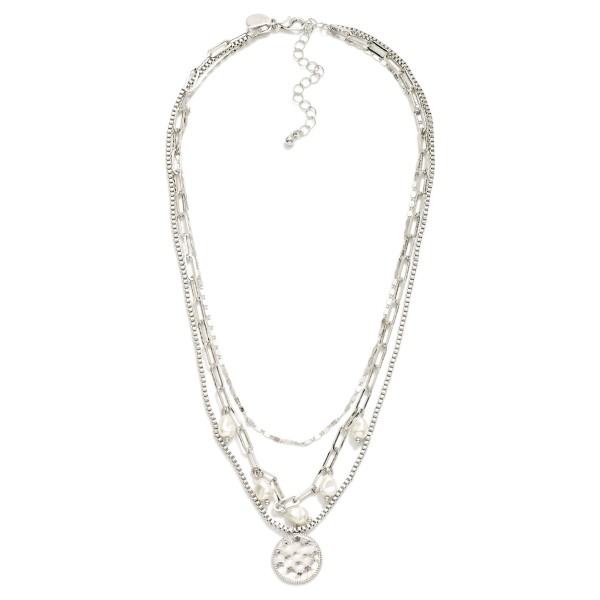 Wholesale layered Chain Link Necklace Pearls Hammered Metal Circle Pendant L Ext