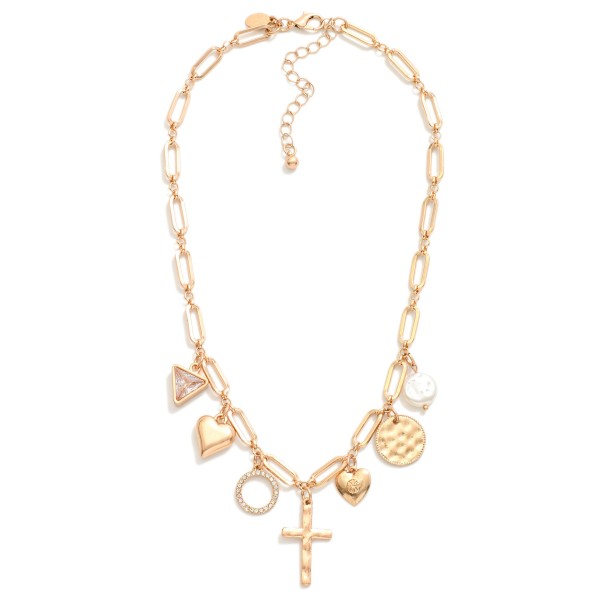 Paperclip Chain Link Charm Necklace Featuring Metal Tone, Rhinestones & Pearls 

- Approximately 18" L
- Extender 3" L

