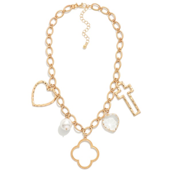 Wholesale chain Link Charm Necklace Large Hammered Metal Charms Pearl Glass Crys
