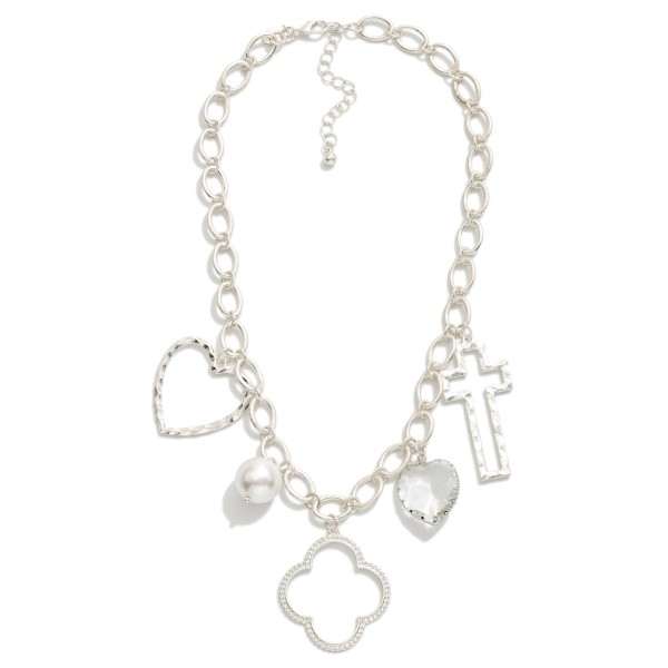 Wholesale chain Link Charm Necklace Large Hammered Metal Charms Pearl Glass Crys