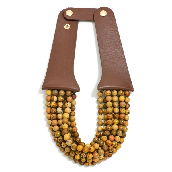 Wholesale layered Semi Precious Stone Beaded Necklace Vegan Leather Snap Strap L