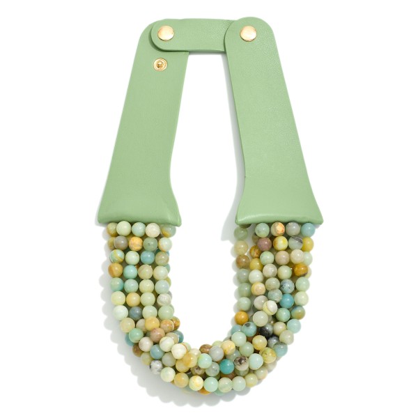 Wholesale layered Semi Precious Stone Beaded Necklace Vegan Leather Snap Strap L