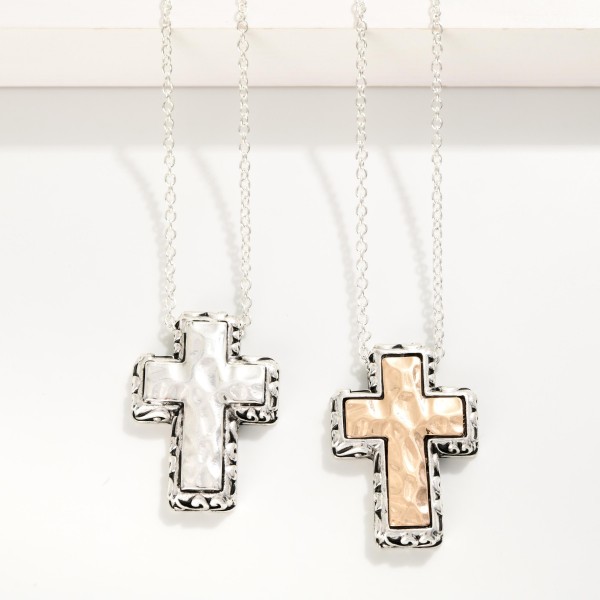 Chain Link Necklace Featuring Chunky Hammered Metal Cross Pendant 
- Approximately 18" L
- Extender 3: L