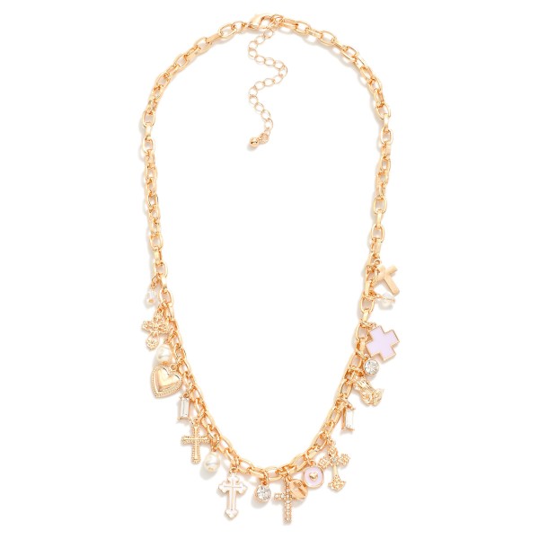Wholesale chain Link Charm Necklace Metal Cross Charms Pearls Rhinestones L Exte