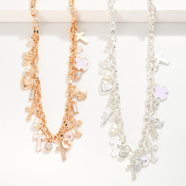 Chain Link Charm Necklace Featuring Metal Tone Cross Charms, Pearls, & Rhinestones 
- Approximately 18" L
- Extender 3" L
