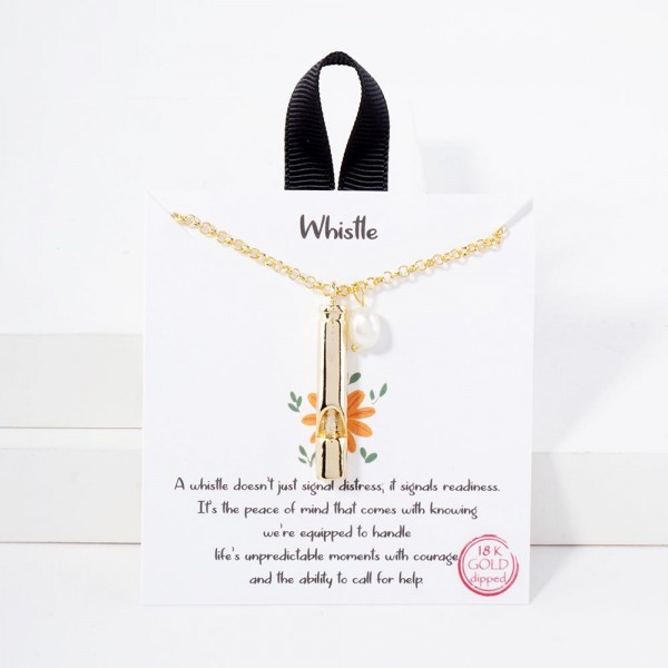 Dainty Chain Link Necklace Featuring Metal Tone Safety Whistle & Freshwater Pearl Pendants 			
					
- Approximately 16" L					
- Extender 2" L					
- Made in Korea					
- Hypoallergenic Brass Base					
- 18K Gold Dipped					
- Card: "A whistle doesn’t just signal distress, it signals readiness. It’s the peace of mind that comes with knowing we’re supported to breathe, take a unpredictable moment with courage, and the ability to ask for help."