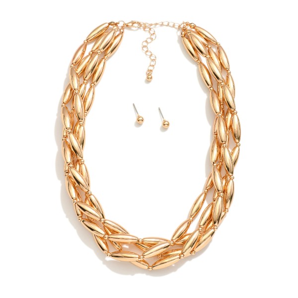 Layered Metal Tone Spaghetti Bead Necklace 

- Metal Tone Ball Studs Included 
- Approximately 14" L
- Extender 3" L