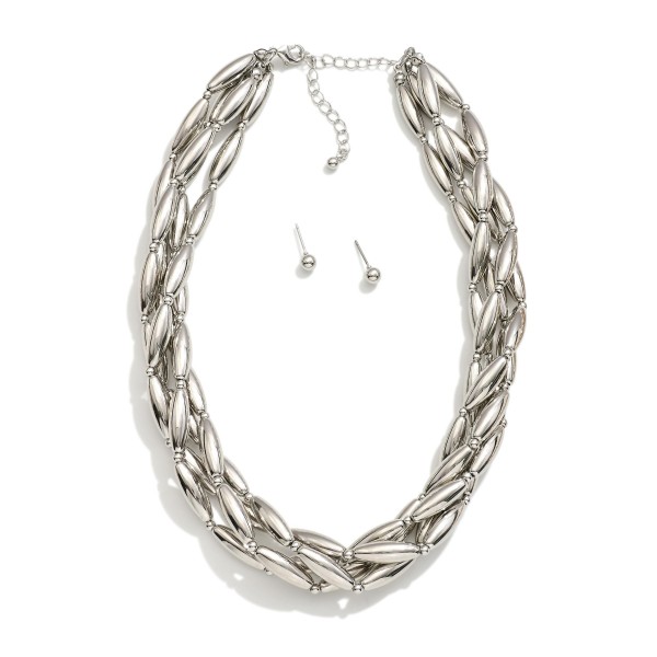 Layered Metal Tone Spaghetti Bead Necklace 

- Metal Tone Ball Studs Included 
- Approximately 14" L
- Extender 3" L