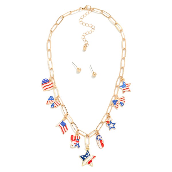 Wholesale paperclip Chain Link Necklace Enamel Americana Charms Metal Ball Studs