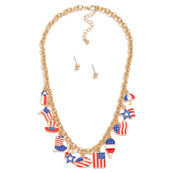Chain Link Charm Necklace Featuring Enamel Americana Charms 

- Metal Tone Ball studs Included 
- Approximately 16" L
- Extender 3" L