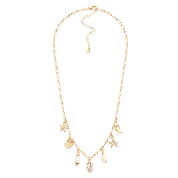Wholesale paperclip Chain Link Charm Necklace Gold Tones Rhinestones Pearl Charm