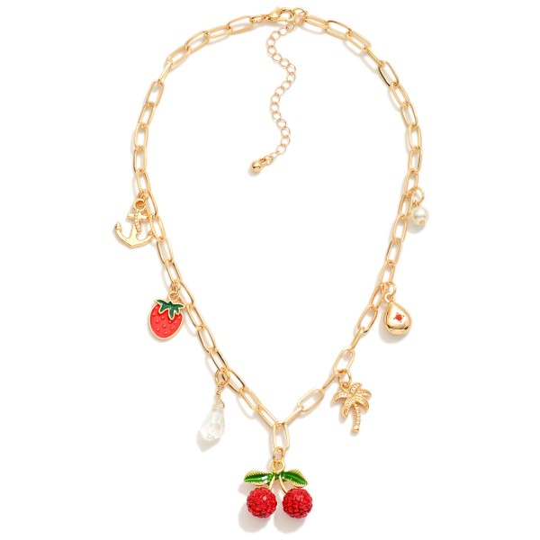 Wholesale paperclip Chain Link Necklace Fruit Charms Metal Tones Glass Crystal L