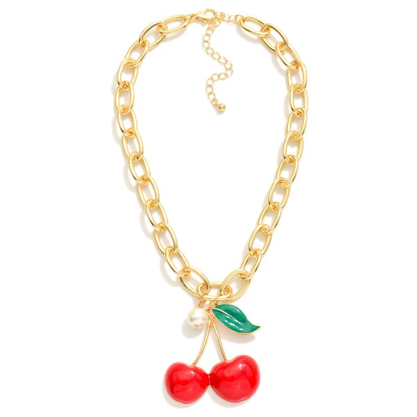 Wholesale chain Link Necklace Large Enamel Cherries Pendant Pearl Detail L Exten