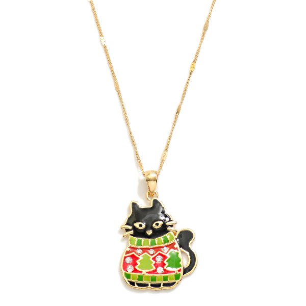 Chain Link Necklace Featuring Enamel Christmas Cat Pendant 

- Approximately 18" L
- Extender 3" L