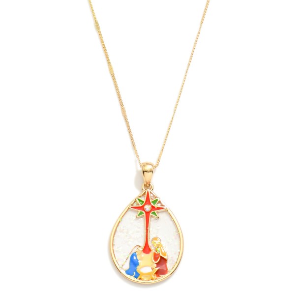 Chain Link Necklace Featuring Stain Glass Nativity Scene Teardrop Pendant 

- Approximately 18" L
- Extender 3" L
