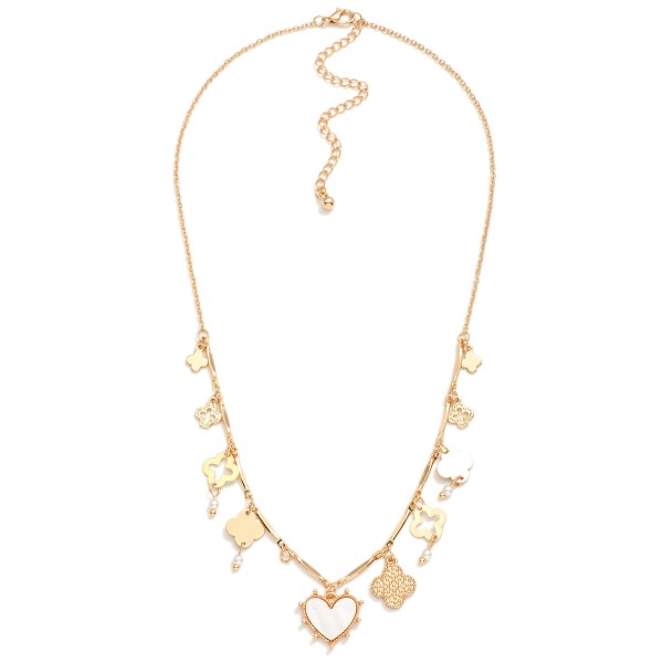 Wholesale chain Link Charm Necklace Metal Clovers Pearlescent Heart L Extender L