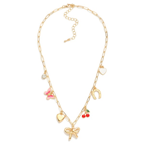 Wholesale paperclip Chain Link Charm Necklace Metal Bow Hearts Cherries L Extend