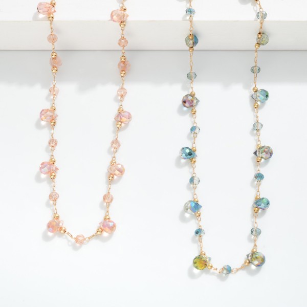 Chain Link Necklace Featuring Teardrop Glass Crystal Charms & Faceted Beads 

- Approximately 16" L 
- Extender 3" L