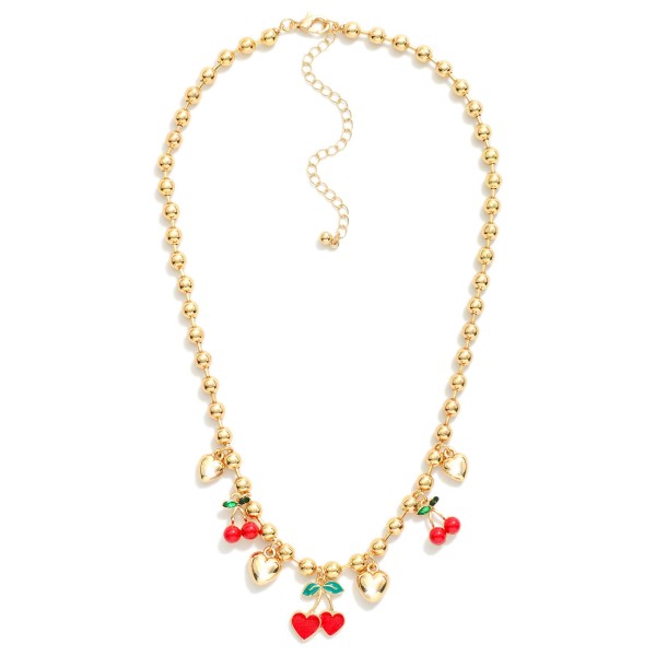 Wholesale metal Beaded Charm Necklace Puffy Hearts Enamel Cherries L Extender L