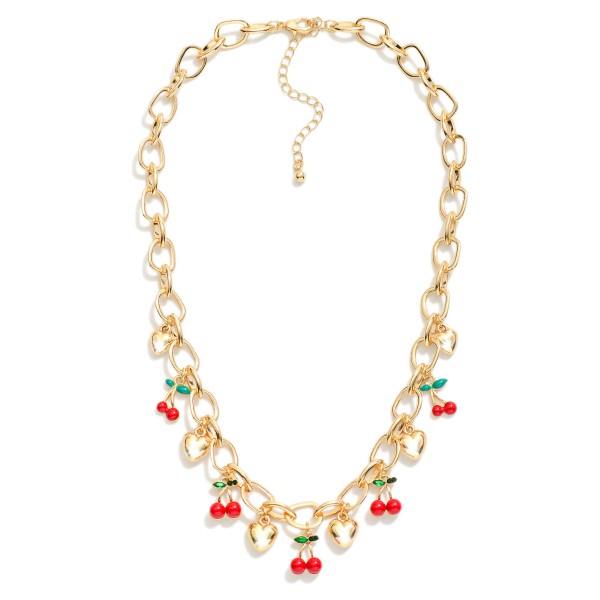 Wholesale geometric Chain Link Charm Necklace Enamel Cherries Metal Puffy Hearts