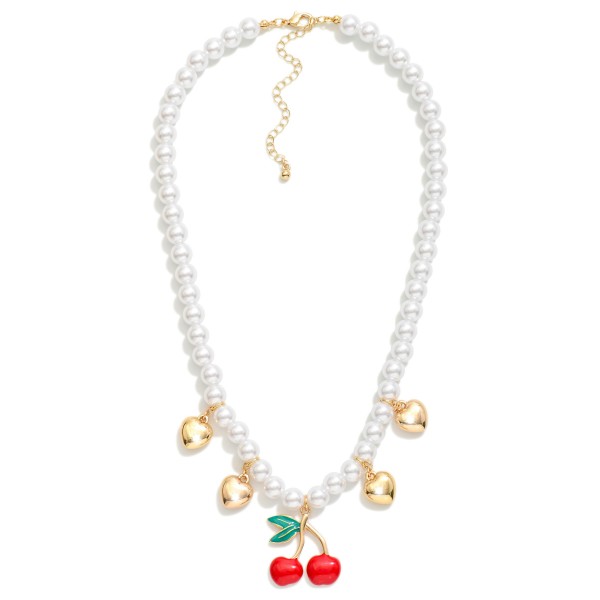 Wholesale pearl Beaded Charm Necklace Metal Puffy Hearts Enamel Cherries L Exten