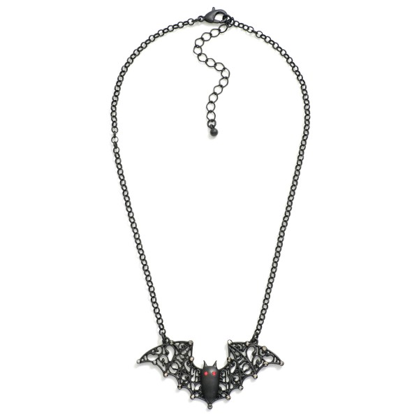 Matte Black Chain Link Necklace Featuring Bat Pendant 

- Approximately 14" L
- Extender 3" L 