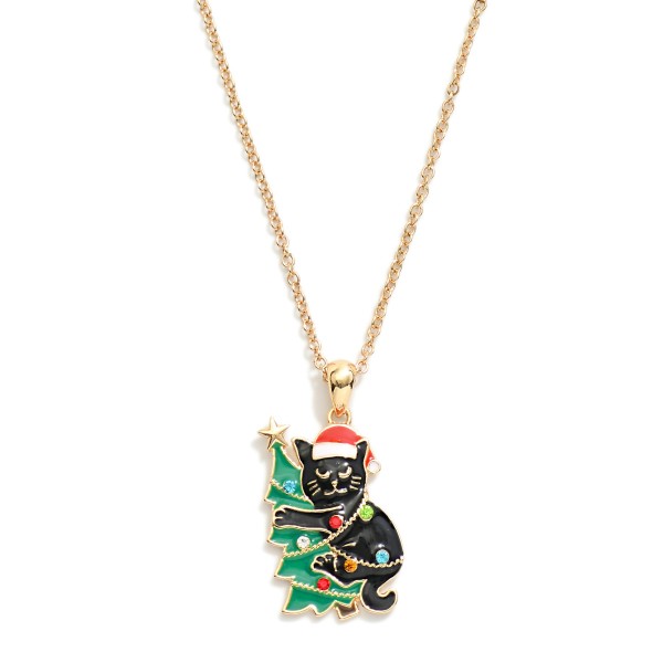 Chain Link Necklace Featuring Enamel Christmas Cat Pendant

- Approximately 18" L
- Extender 3" L

