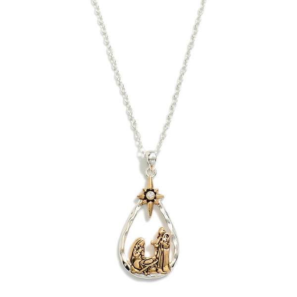Chain Link Necklace Featuring Metal Tone Nativity Scene Teardrop Pendant 

- Approximately 18" L
- Extender 3" L