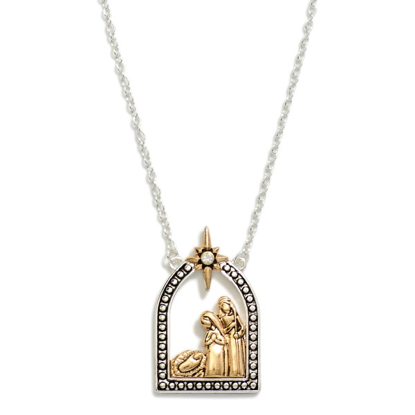 Chain Link Necklace Featuring Metal Tone Nativity Scene Pendant 

- Approximately 18" L
- Extender 3" L