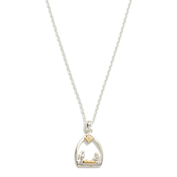 Chain Link Necklace Featuring Metal Tone Nativity Scene Pendant 

- Approximately 18" L
- Extender 3" L