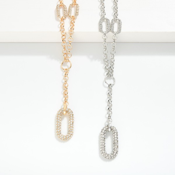 Chain Link Y Necklace Featuring Rhinestone Studded Oval Link Details

- Approximately 20" L
- Extender 3" L