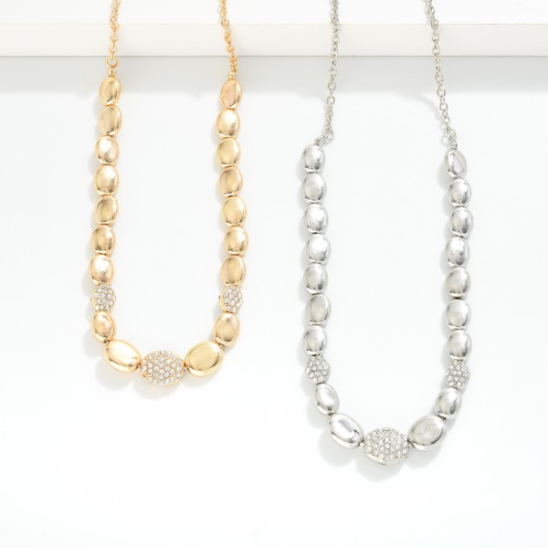 Gold Tone Metal Beaded Chain Link Necklace Featuring Studded Rhinestones 

- Approximately 16" L
- Extender 3" L