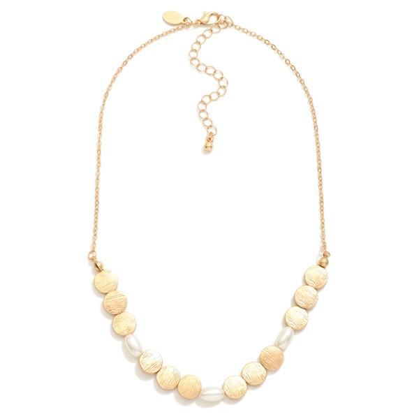 Brushed Metal Bead & Pearl Beaded Chain Link Necklace 

- Approximately 14" L
- Extender 3" L