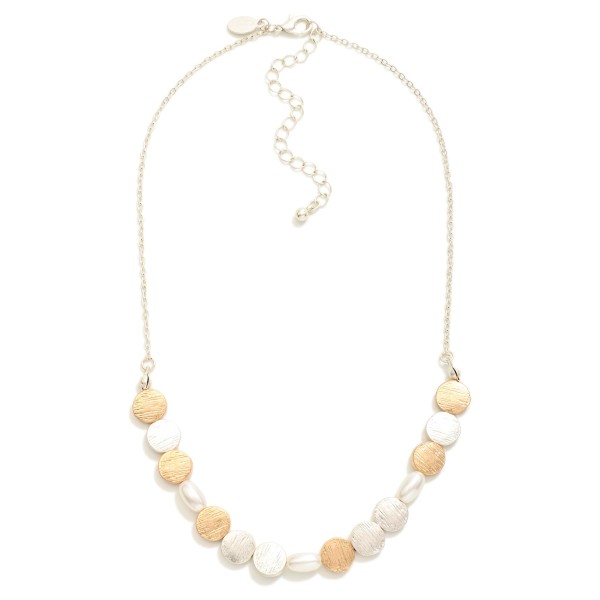 Brushed Metal Bead & Pearl Beaded Chain Link Necklace 

- Approximately 14" L
- Extender 3" L