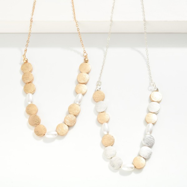 Brushed Metal Bead & Pearl Beaded Chain Link Necklace 

- Approximately 14" L
- Extender 3" L
