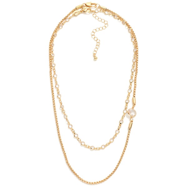 Layered Chain Link Necklace Featuring Square Chain & Glass Crystal Stations 

- Approximately 14" L
- Extender 3" L