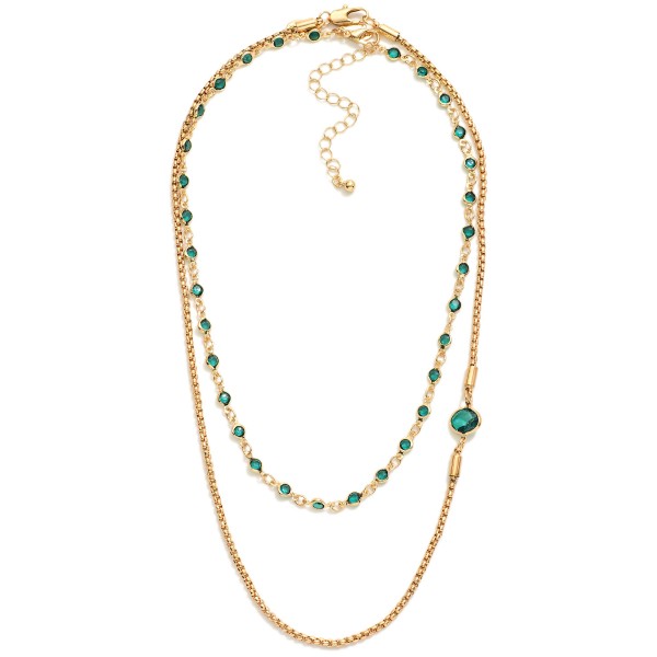 Layered Chain Link Necklace Featuring Square Chain & Glass Crystal Stations 

- Approximately 14" L
- Extender 3" L