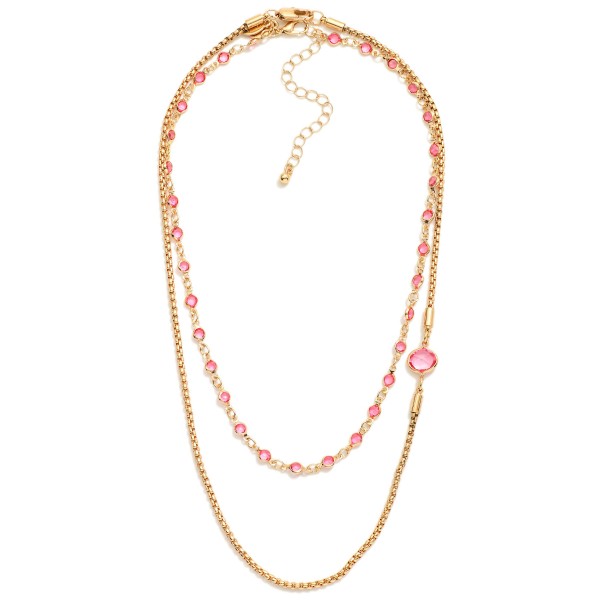 Layered Chain Link Necklace Featuring Square Chain & Glass Crystal Stations 

- Approximately 14" L
- Extender 3" L