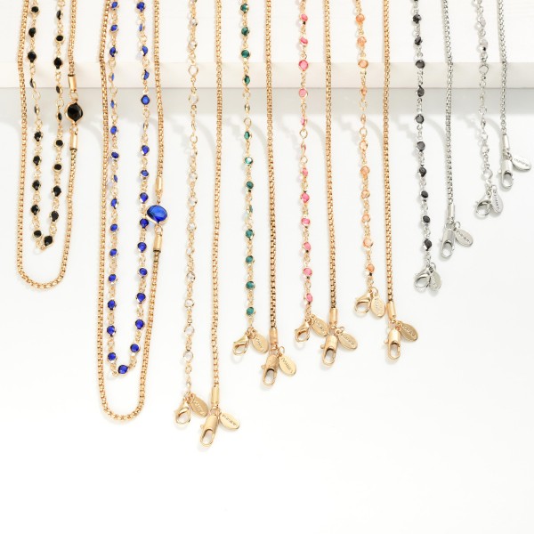 Layered Chain Link Necklace Featuring Square Chain & Glass Crystal Stations 

- Approximately 14" L
- Extender 3" L