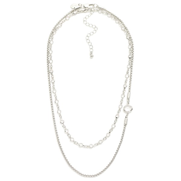 Layered Chain Link Necklace Featuring Square Chain & Glass Crystal Stations 

- Approximately 14" L
- Extender 3" L
