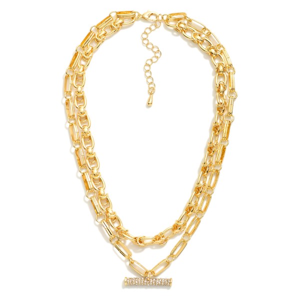 Wholesale layered Chain Link Necklace Pave Rhinestone Bar Pendant L Extender L