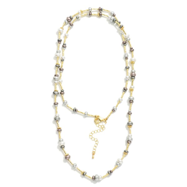Pearl Disk & Textured Metal Bar Beaded Long Necklace 

- Approximately 36" L
- Extender 3" L