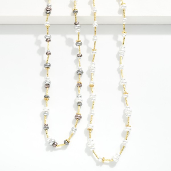 Pearl Disk & Textured Metal Bar Beaded Long Necklace 

- Approximately 36" L
- Extender 3" L
