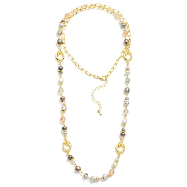 Chain Link Necklace Featuring Pearl & Faceted Glass Crystal Stations 

- Approximately 34" L
- Extender 3" L